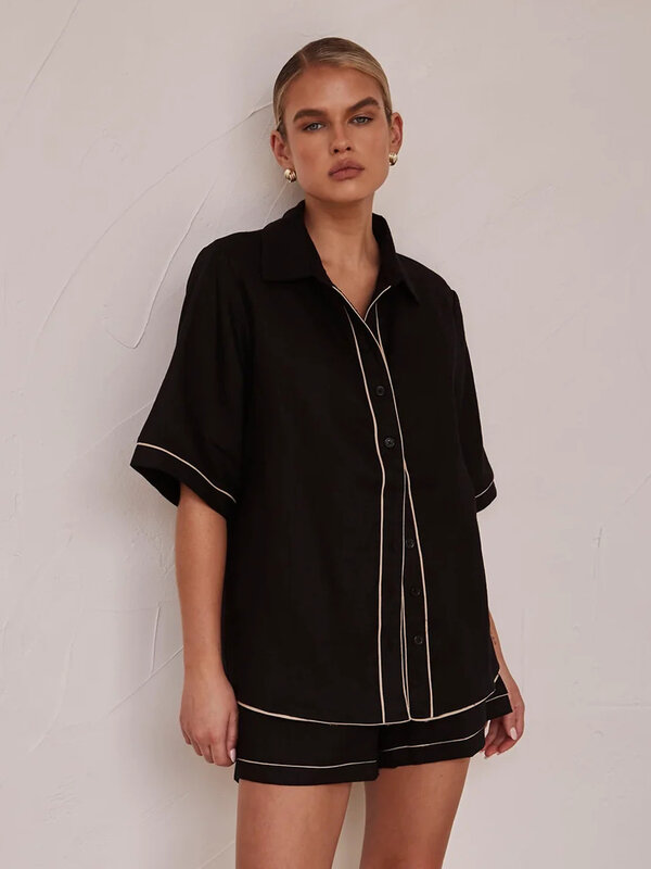 Marthaqqi-女性用のカジュアルなナイトウェア,折りたたまれた襟付きのナイトウェア,半袖,コットンショーツ,黒のパジャマセット