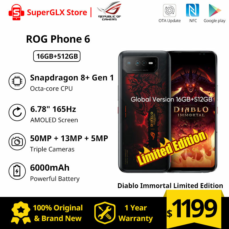 Ponsel ASUS ROG Baru 6 Diablo Immortal Edisi Terbatas Ponsel Pintar Gaming Snapdragon 8 + Gen 1 165Hz Layar AMOLED Ponsel 5G