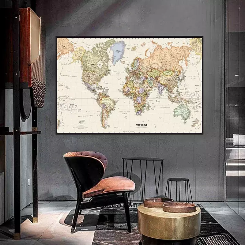 150x100cm Retro World Map Detailed Map of Major Cities In Each Country Non-woven Canvas Painting Living Room Home Decoration