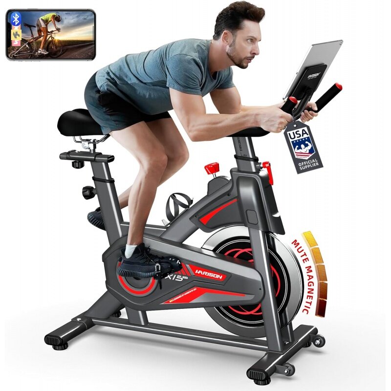 HARISON Magnetic Exercise Bike with Bluetooth, Stationary Bikes for Home with iPad Holder & Comfortable Seat Cushion, 350lbs