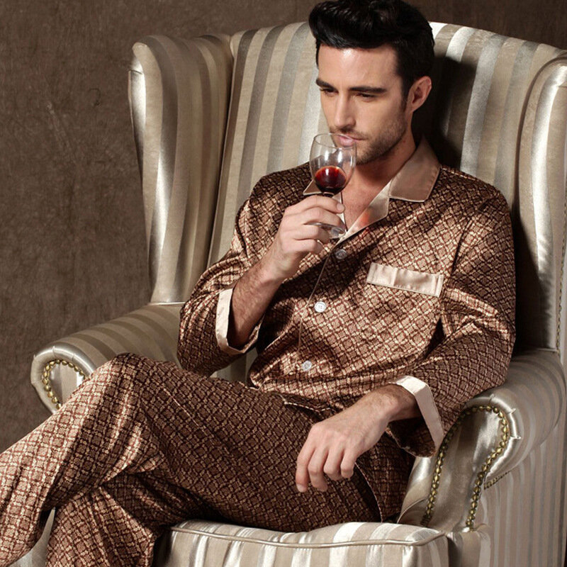 Conjunto de pijamas de seda para hombre, ropa de dormir de manga larga, de talla grande, para el hogar, primavera y otoño, 2023