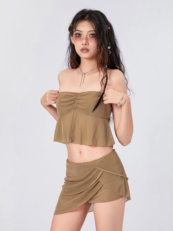 Latest Summer Women 2 Piece Outfit Pleated Mesh Bandeau Top and Stretch Irregular Mini Skirt Skirt Streetwear Aesthetic Clothing