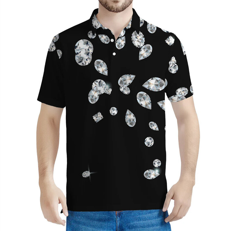 남성용 기하학 그래픽 폴로 셔츠, 3D 프린트 라펠 반팔, 여름 스트리트 루즈 티셔츠, 단추 티셔츠, 패션 아트워크