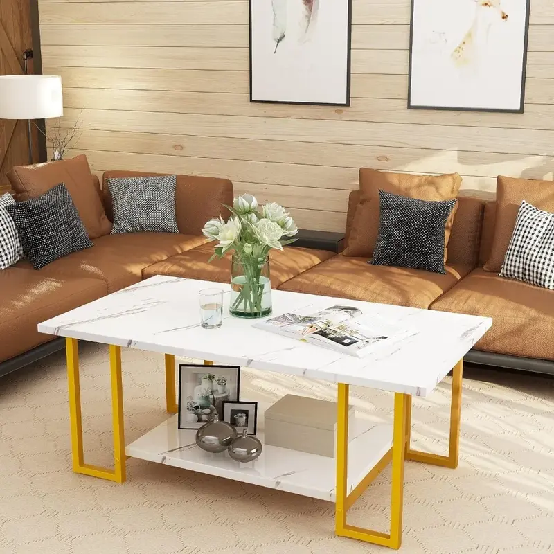 Marmor Couch tisch, Kunst marmorplatte rechteckiger Couch tisch mit schwarzem Metallrahmen, 2-stufiger Wohnzimmer tisch für Wohnzimmer,