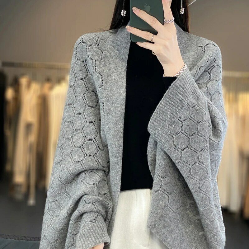 Cardigan en laine mérinos pour femme, écharpe douce, design Sphblades évidé, châles de style coréen, nouvelle mode, printemps, 100%