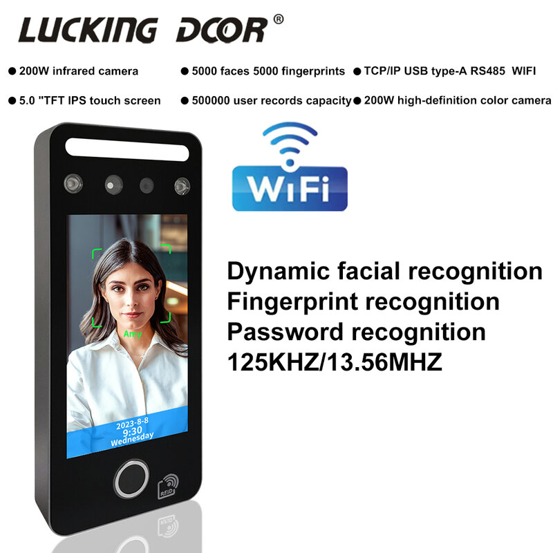 Control de Acceso de reconocimiento Facial con huella dactilar, máquina de asistencia de bloqueo de puerta, detección Facial dinámica, Wifi, TCP/IP Software gratuito, USB