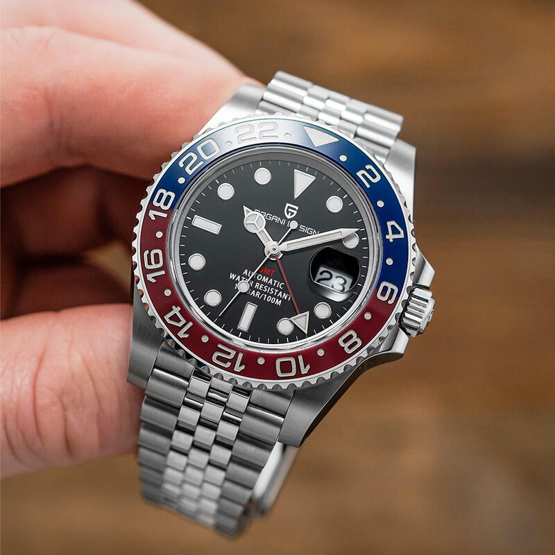 PAGANI DESIGN-Reloj de pulsera mecánico GMT para Hombre, de acero inoxidable, resistente al agua, automático