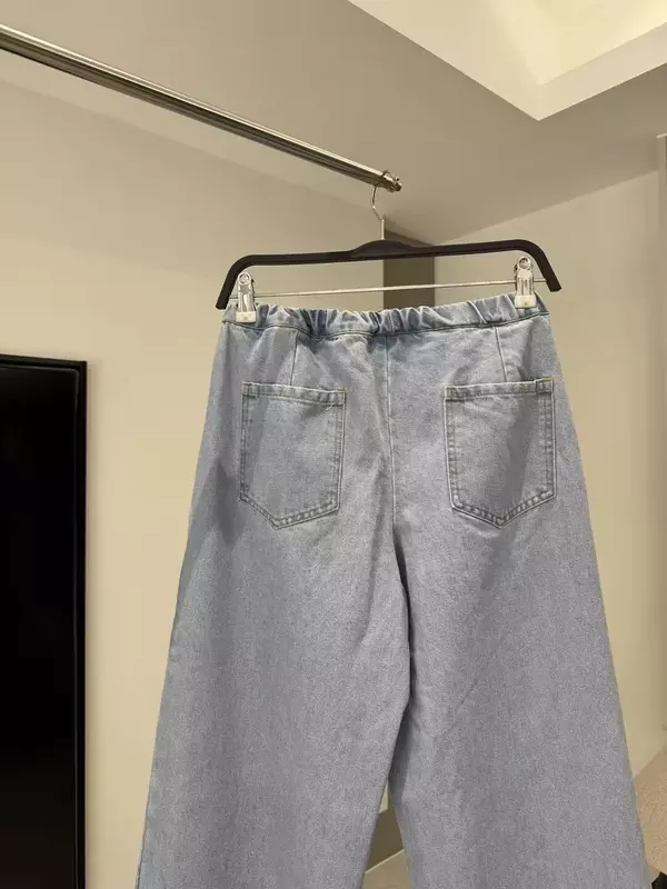 Pantalones vaqueros holgados con bolsillos laterales para Mujer, vaqueros de pierna ancha con cordón y cintura elástica, estilo Retro, 2024