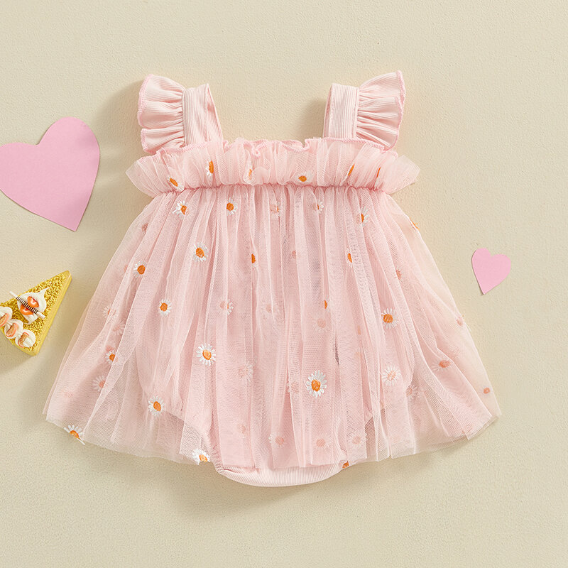 Детское Сетчатое платье-комбинезон с вышивкой ромашки, с квадратным вырезом и рукавами-фонариками, комбинезон с оборками, летняя одежда для маленьких девочек