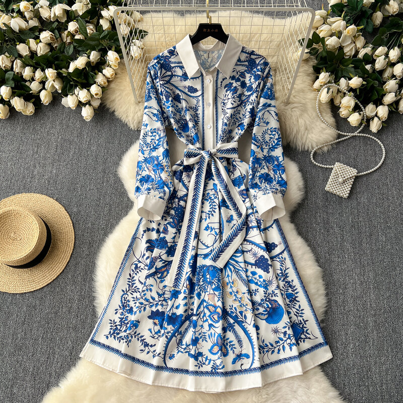 French Vintage Elegant Lapel Long Sleeve Print Bandage Dress A-line Fashion Spring Summer Vestidos Women Dresses