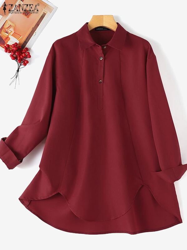 Модная мусульманская блузка ZANZEA Eid Mubarek, праздничный хиджаб, мусульманская одежда, Повседневные высокие низкие топы, Женские винтажные блузки с длинным рукавом