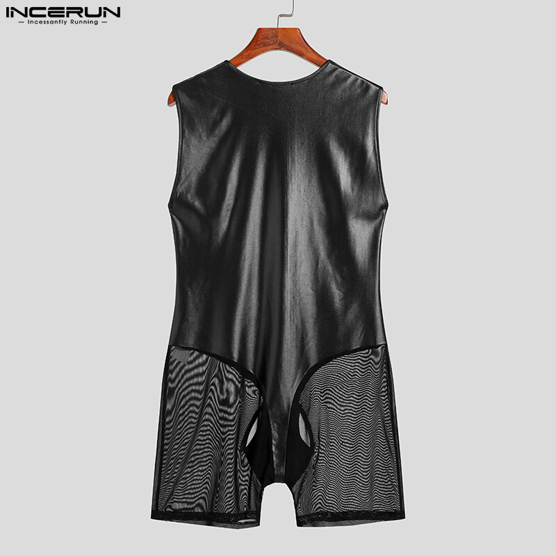 INCERUN Men Bodysuits Mesh Patchwork Sexy See Through Zipper Homewear Sleeveless Rompers Pajamas 2023 Men Bodysuits S-5XL 7