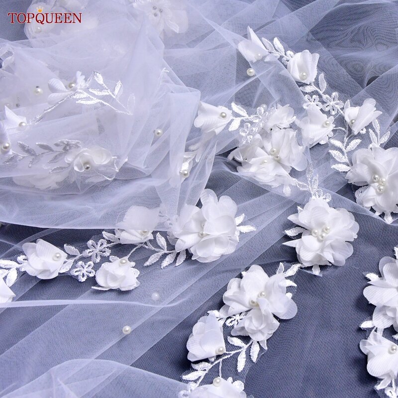 Topqueen-ブライダルシャワー用の3D花,v52,真珠付きの結婚式のベール,長距離列車,ブライダルシャワー用,3メートル