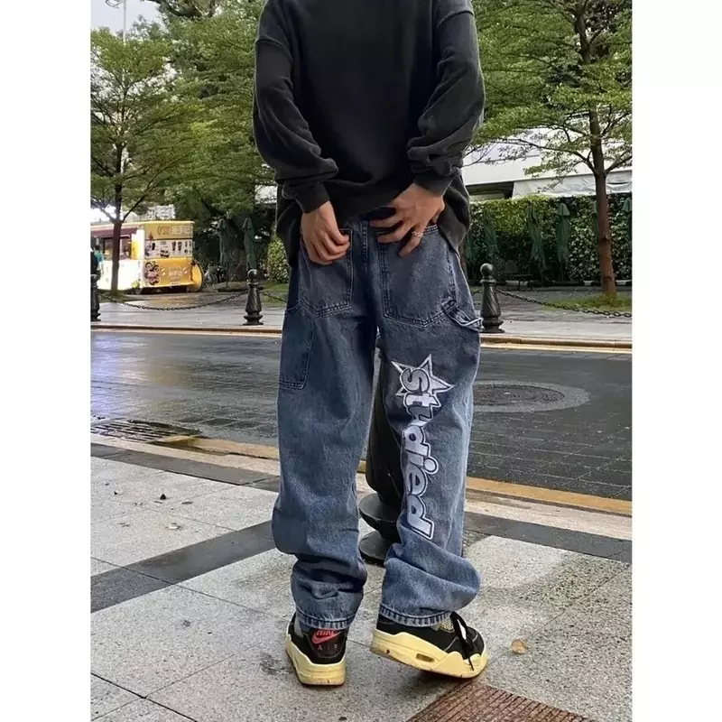 กางเกงยีนส์สตรี Y2k Street Retro พิมพ์ตัวอักษรกางเกงยีนส์บุคลิกภาพทอด Street ล้างตรงกางเกงหลวม Hip-Hop กางเกง