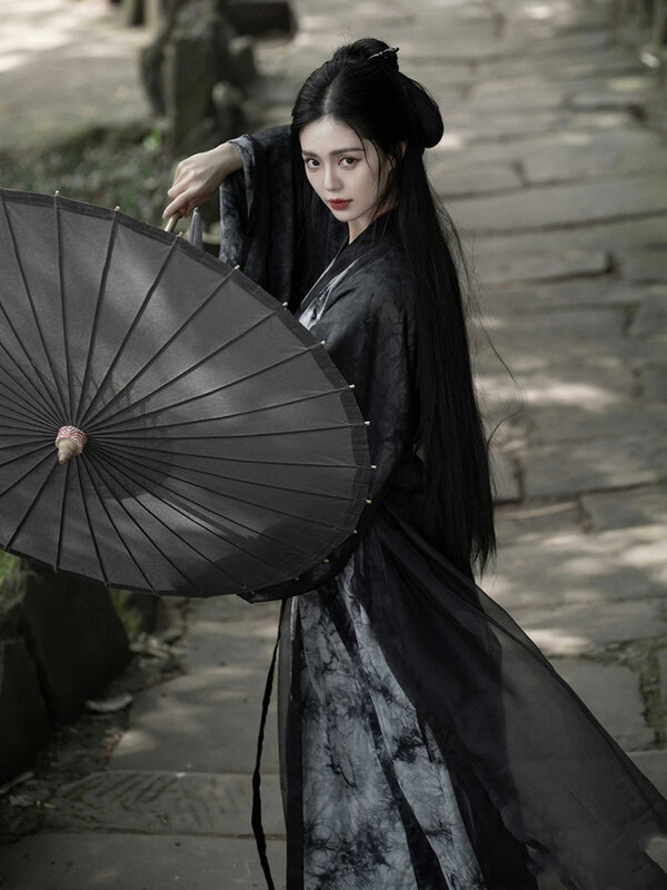 Costume d'arts martiaux Wei et Jin pour femmes, Hanfu noir, col croisé, Ruqun, style antique trempé