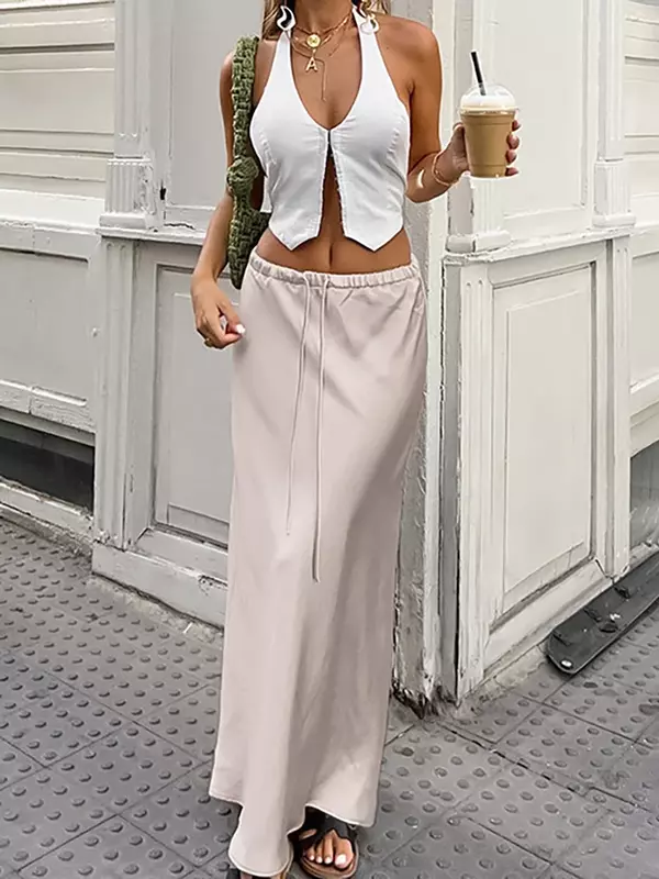 Satin Maxi Skirts For Women Solid Color Bandage A-Line Loose 2024 Summer Fashion Long Skirts Female New Casual Clothes