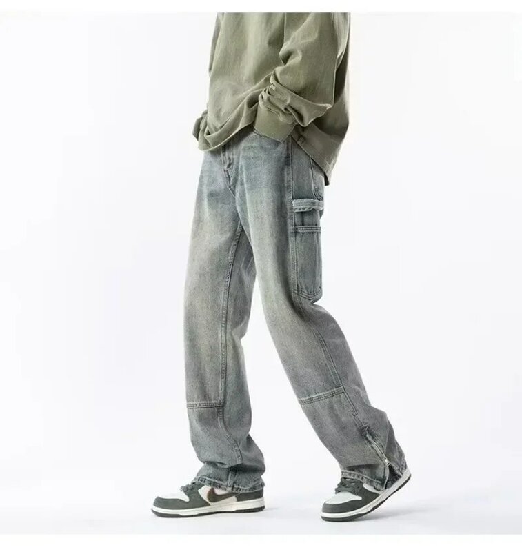 High Street Zipper Jeans Men's Spring 2024 Retro Design Sense of Loose Straight Leg Pants