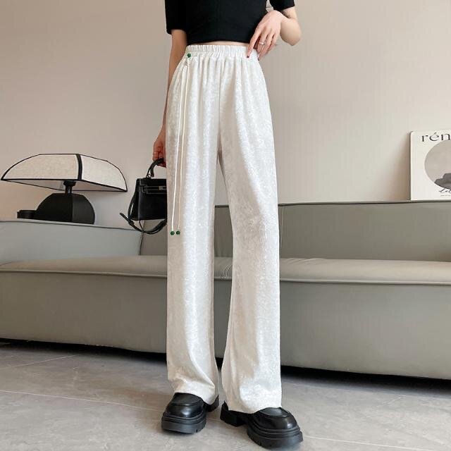 Women Fashion Summer Wide Leg Pants New Chinese style Velvet Trousers Elastic Waist Loose Casual Pants