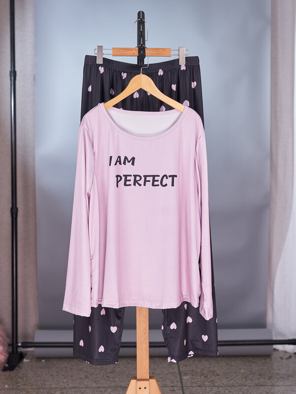 Pijama plus size para casa, conjunto de 2 peças, calças de manga comprida, pode ser conectado em 1XL-5XL, tamanho plus