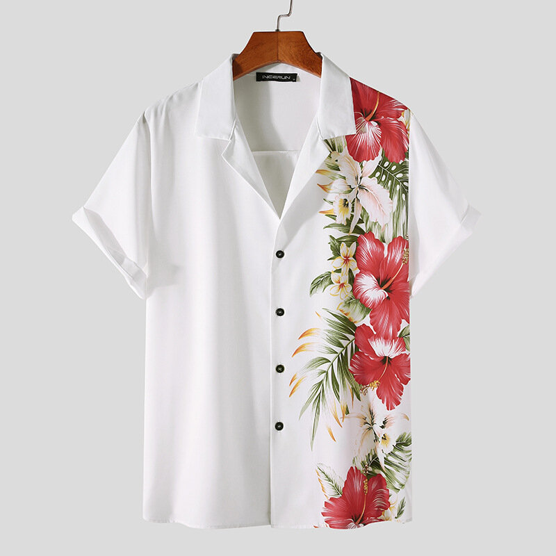Flower Print Shirt Men Casual Hawaiian Turn-down Collar Short Sleeve Button Down Shirts for Men Vintage M-3XL 2023 Summer