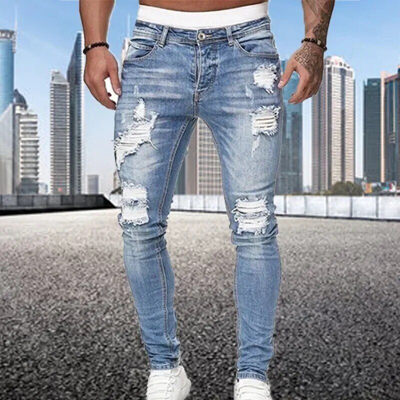 Модные рваные узкие джинсы в уличном стиле, мужские винтажные однотонные джинсовые брюки, мужские повседневные облегающие джинсовые брюки-карандаш, горячая Распродажа
