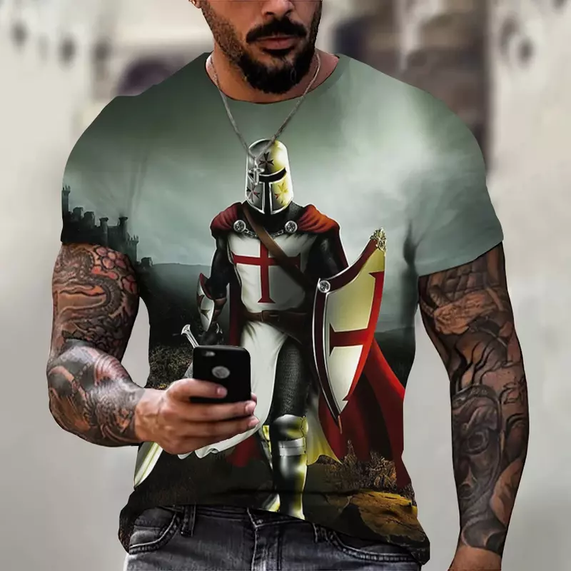 Heren Zomer Nieuwe Paladin3d Bedrukte Templar Ridder T-Shirt Mode Extra Groot Kruispatroon Harajuku Street Kleding Top