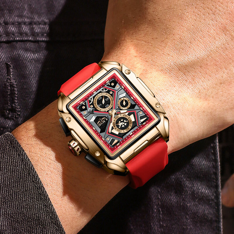 LIGE Luksusowy męski zegarek kwarcowy Duże zegarki dla mężczyzn Moda Sport Czerwony gumowy pasek Zegarek Fajny 30M Wodoodporny zegarek szkieletowy
