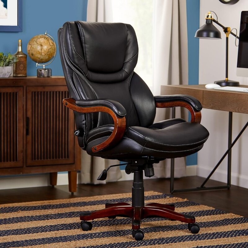Encosto alto ajustável com apoio lombar, cadeira preta do escritório, cadeira ergonômica do computador, couro colado, 30.5D x 27.25W x 47H
