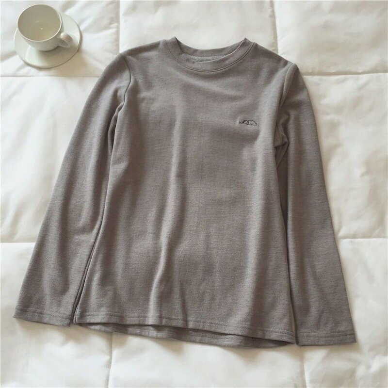 Women O Neck Thermal Top Printing Embroidery Fleece Long-sleeved Thin double-Velvet Bottoming Shirt Thermal Casual Pullover Tee