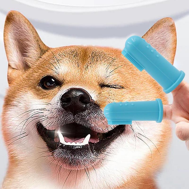 Sikat gigi jari anjing 4 buah silikon, sikat gigi jari hewan peliharaan lembut sikat jari Anjing sikat gigi anjing portabel dapat digunakan kembali
