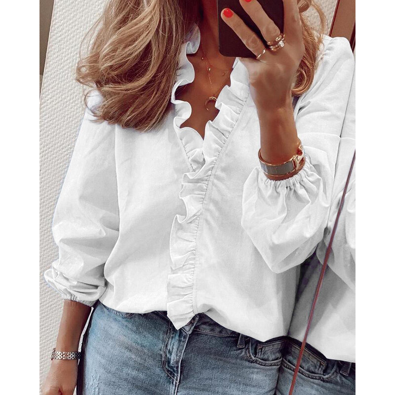 Witte Blouse Vrouwen Chiffon Ruches Solid Loose Fit Womens Tops En Blouses Casual V-hals Lantaarn Mouwen Plus Size Shirts tuniek