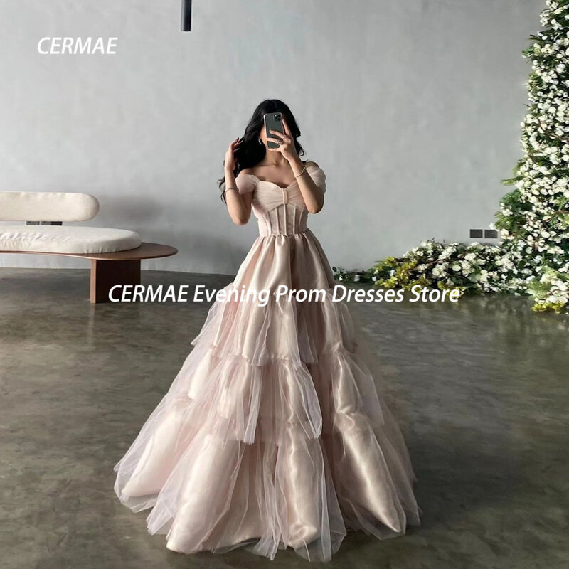 CERMAE Satin A-line Off-the-shoulder Neckline Prom Gown Ruffle Floor-Length Evening Formal Elegant Party Dress for Women 2023
