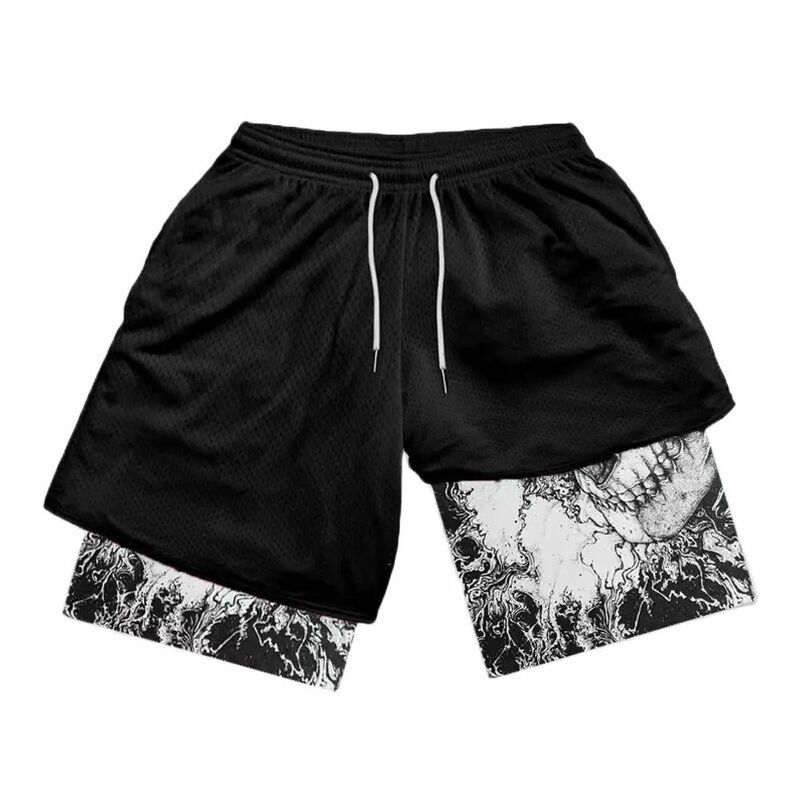 Summer men's double layered shorts men anime high waisted oversized breathable sports  shorts training and fitness sports shorts