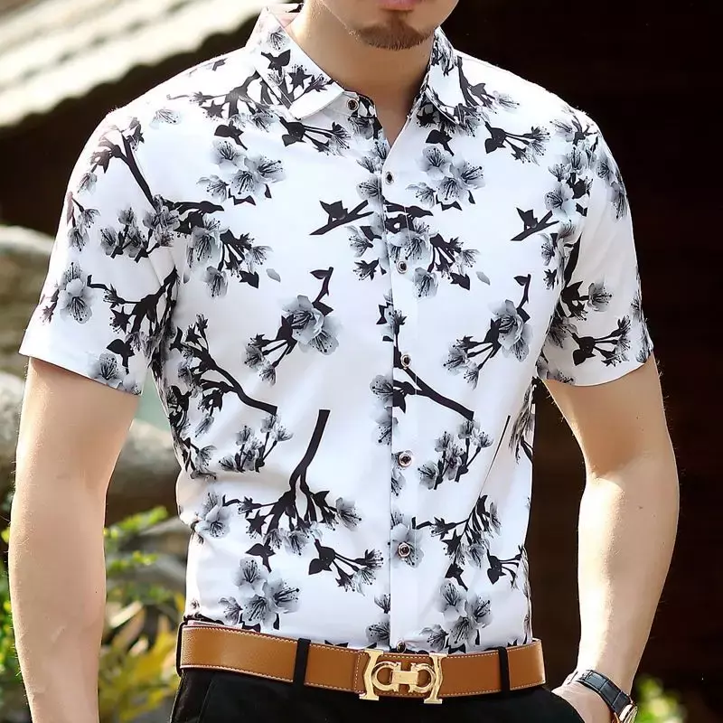 Camisa masculina de manga curta de seda gelo, camisa casual estampada sem ferro, novo estilo, verão