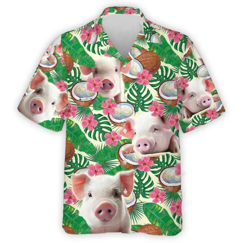 Harajuku Fashion Pig 3D Print Shirts For Men Funny Animel Male Short Sleeve Blouses Hip Hop Lapel Tops Streetwear High Quality