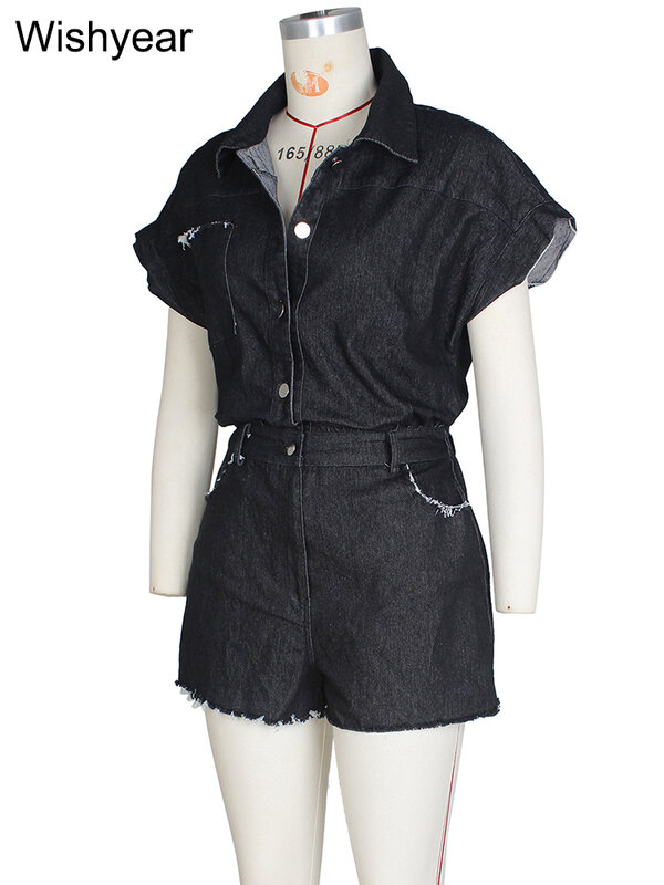 Playsuit jeans elástico feminino, shorts jeans, macacão de botão, macacão de uma peça, streetwear verão, macacão, moda, preto