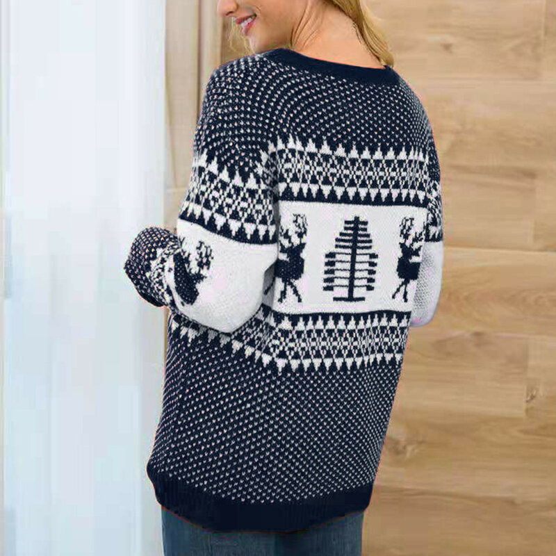 여성용 라운드 넥 긴팔 스웨터, 크리스마스 트리 패턴, 뜨게 루즈 스웨터, 캐주얼 다목적 블라우스
