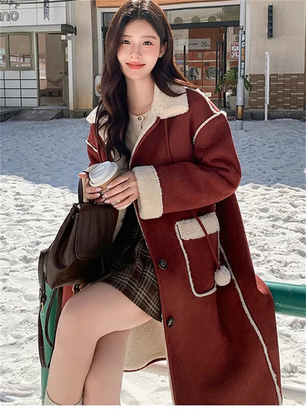 Casaco acolchoado de camurça de comprimento médio feminino, comprimento médio, acima do joelho, outwear de pele de caxemira, versão coreana, outono e inverno, novo glamouroso, 2024