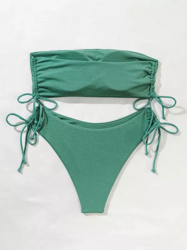 Bikini Bandeau de cintura alta para mujer, traje de baño Sexy, conjunto de 2 piezas, ropa de playa, verano, 2024