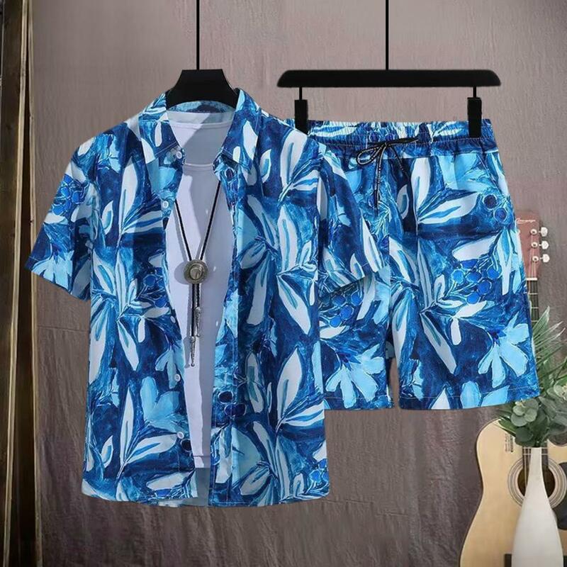 Мужская Летняя одежда, комплект одежды в гавайском стиле с узором, рубашка, эластичные шорты на шнуровке, Пляжный наряд для мужчин, 2 шт./комплект для мужчин