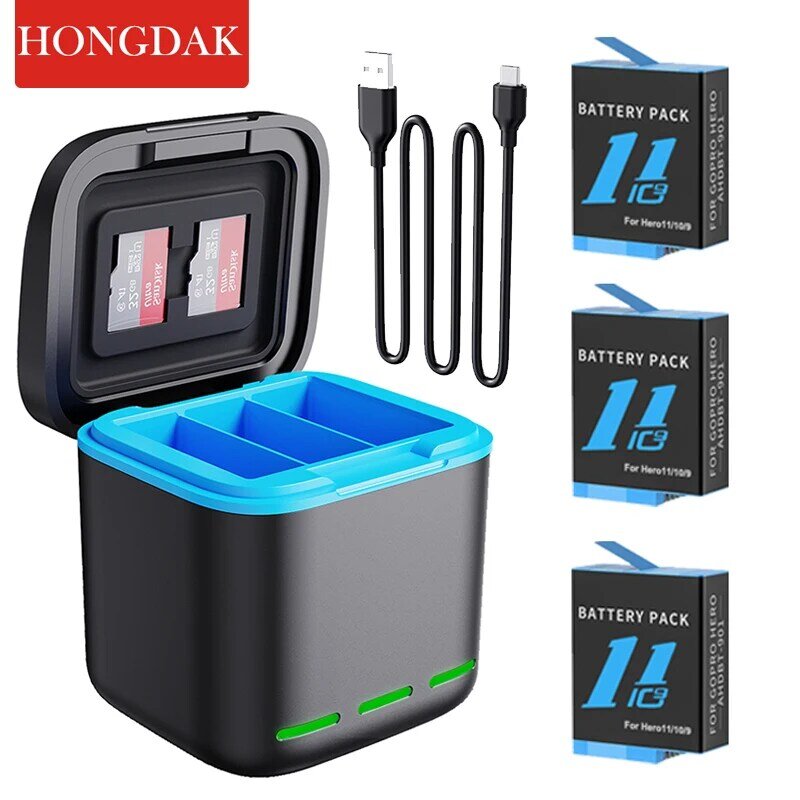 Hongdak-GoProカメラ用の高速充電器,ブラックバッテリー充電器,1800mAhバッテリー,3スロット,カメラアクセサリー