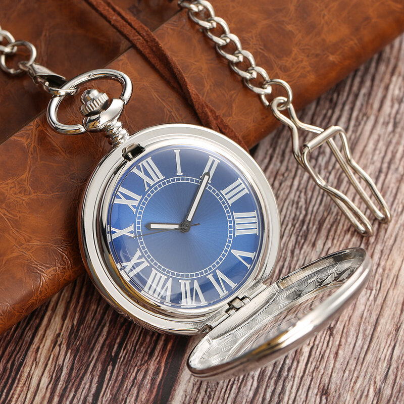 Stylish Blue Dial Transparent Glass Cover Men's Mechanical Self Winding Pocket Watch Elegant Antique Pendant Watches Gift Male