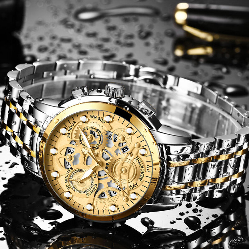 Esqueleto Design Masculino Relógios, Impermeável, Aço Inoxidável, Movimento de Quartzo, Negócios, Elegante, Luxo