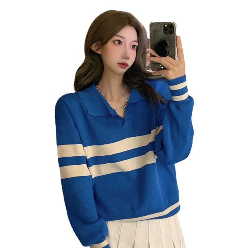 Matta Korean Fashion Polo Preppy Style Striped Women's Sweater Collar Loose Long Sleeve Top Y2k Clothes Sweater  Autumn Winter