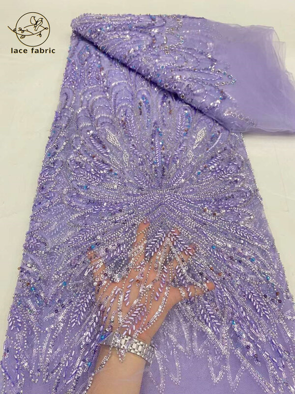 Tela de encaje africano con lentejuelas bordadas con cuentas de lujo, vestido de novia nigeriano de alta calidad, Material de encaje de tul francés, 2024