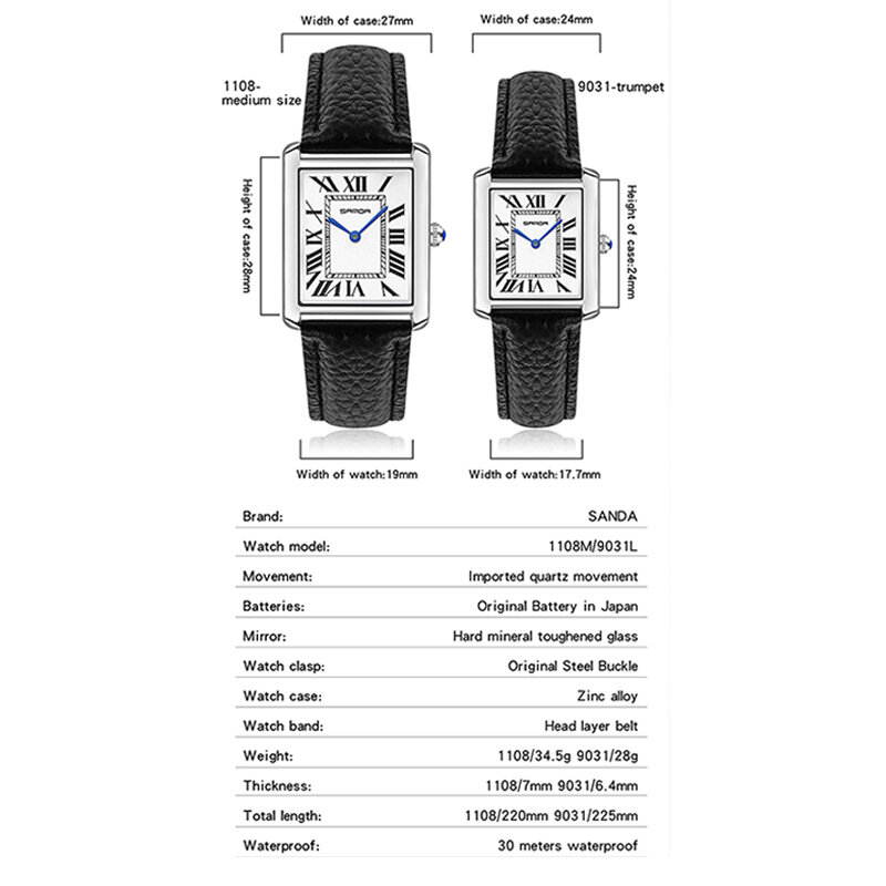Orologi da polso rettangolari di marca SANDA per donna cassa d'argento orologio da donna orologi di marca di lusso orologio al quarzo con cinturino in vera pelle