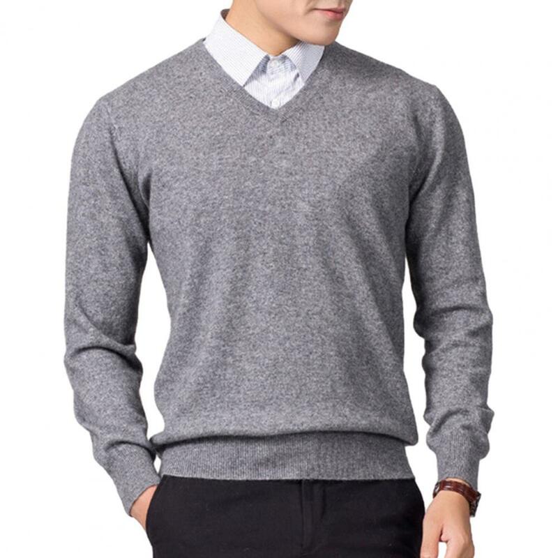 Suéter ajustado de punto para hombre, Tops con cuello en V, Color sólido, prendas de punto gruesas, Otoño e Invierno
