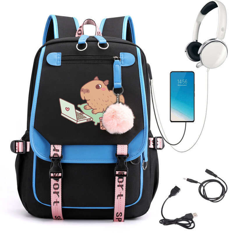 New College Students Backpack Trendy Girls Laptop School Bags Cute Chilling Capybara with Laptop and Snacks Girl Travel Book Bag