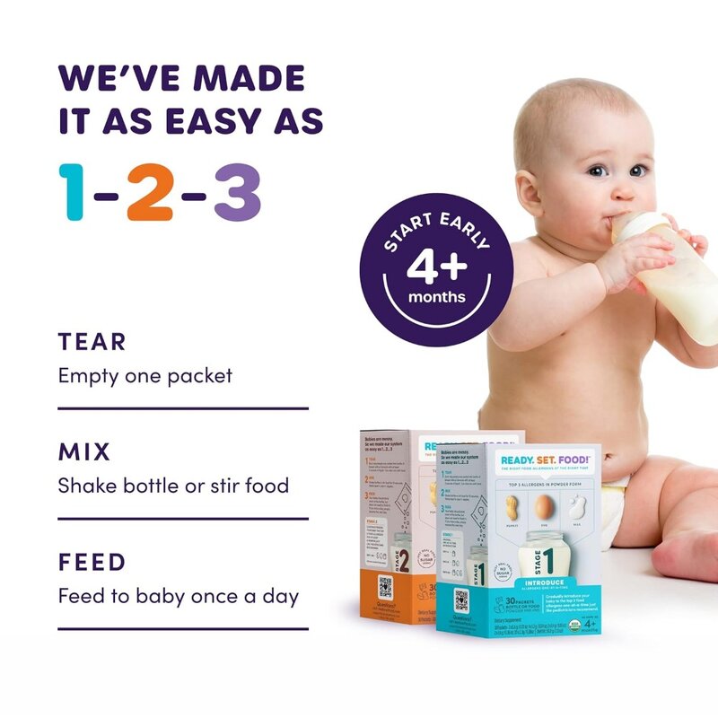Introducción temprana de alérgenos para bebés, mezcla de 3 alérgenos, leche de huevo de cacahuete orgánico, 4 + Mo, etapa 1 + 2-90 días