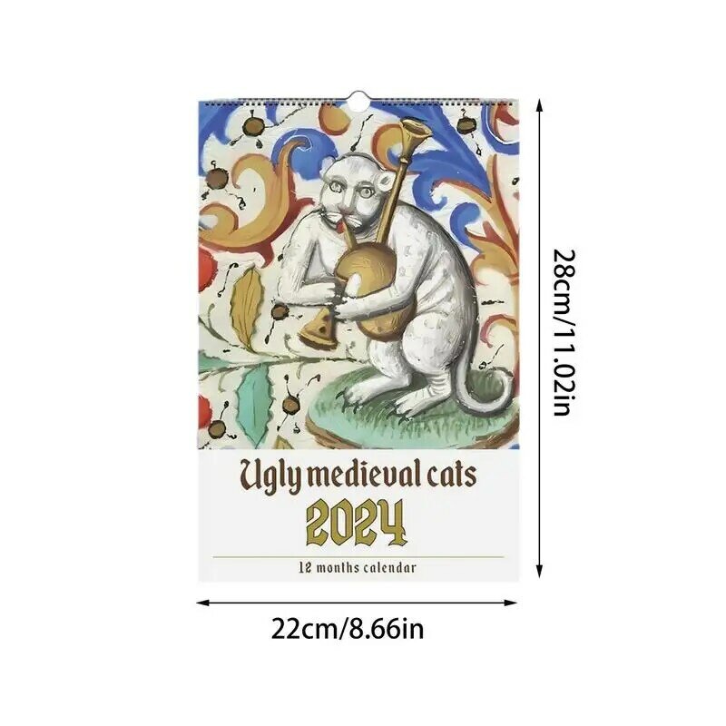 Calendario mensual de pared para gatos, planificador de gato feo para todo el año, de enero de 2024 a diciembre de 2024, 2024